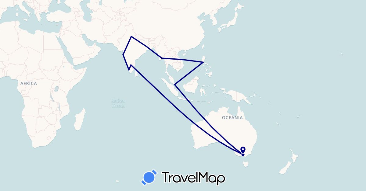 TravelMap itinerary: driving in Australia, India, Myanmar (Burma), Philippines, Singapore (Asia, Oceania)